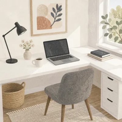 Clean White Desk with Open Laptop