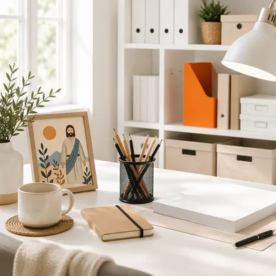Minimalist Laptop Workspace with Orange Accent