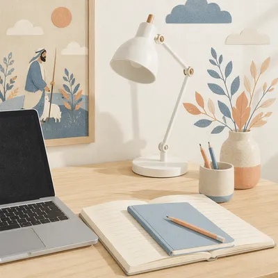 Minimal White Desk Workspace with Laptop