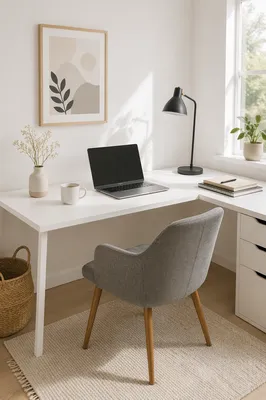 Minimal White Desk With Open Laptop