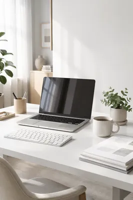 Minimal Laptop Workspace on White Desk
