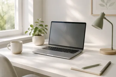 Minimal Laptop Workspace on White Desk