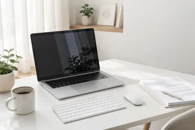 Open Laptop on Minimal White Desk
