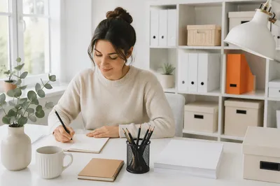 Minimalist Laptop Workspace with Orange Accent