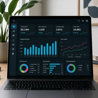 Dark Business Analytics Dashboard on Laptop