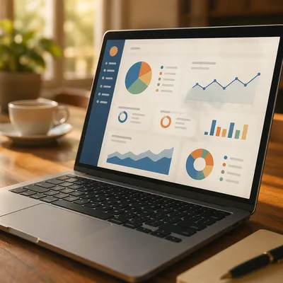 Laptop Analytics Dashboard on Wooden Desk