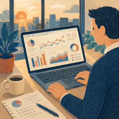 Laptop Analytics Dashboard in Morning Office