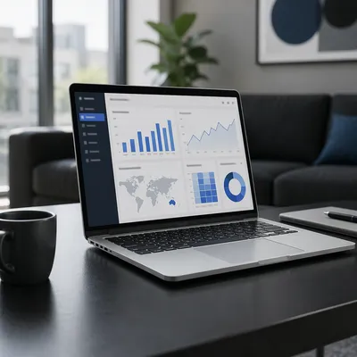 Laptop Analytics Dashboard in Modern Office
