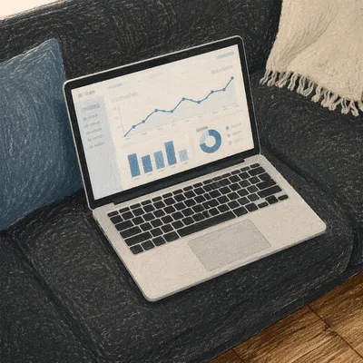Laptop Analytics Dashboard on Charcoal Sofa