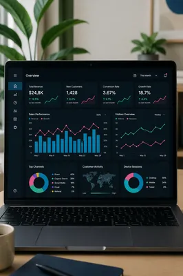 Dark Mode Business Analytics Laptop Dashboard