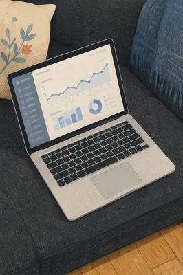 Laptop Analytics Dashboard on Charcoal Sofa