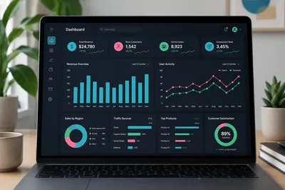 Dark Mode Analytics Dashboard on Laptop