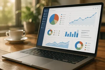 Laptop Analytics Dashboard on Warm Wooden Desk