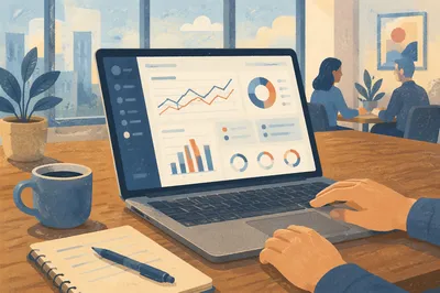 Laptop Analytics Dashboard in Modern Office