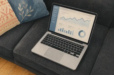 Laptop Analytics Dashboard on Charcoal Sofa