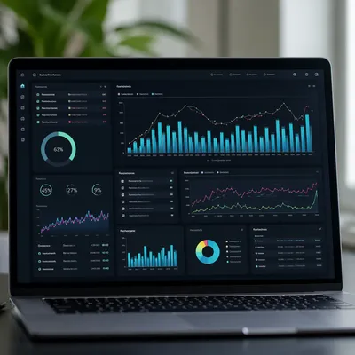 Dark Mode Business Analytics Dashboard on Laptop