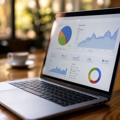 Laptop Analytics Dashboard on Wooden Desk