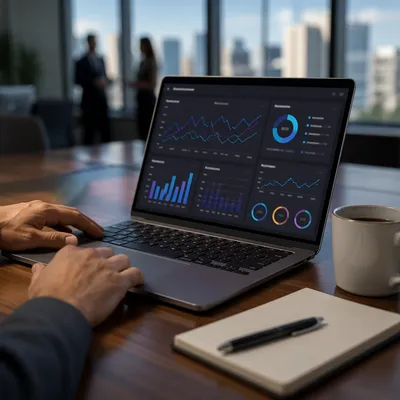 Laptop Analytics Dashboard in Modern Office