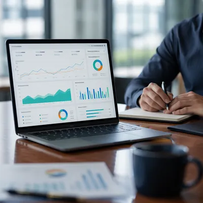Laptop Analytics Dashboard in Modern Workspace