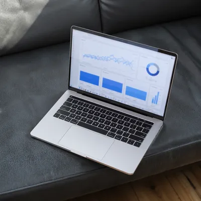 Laptop Analytics Dashboard on Charcoal Sofa