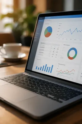 Laptop Analytics Dashboard on Wooden Desk