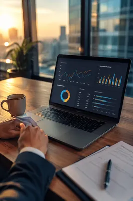 Laptop Analytics Dashboard in Morning Office