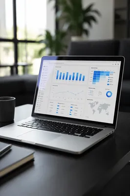 Laptop Analytics Dashboard in Modern Office