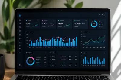 Dark Mode Business Analytics Dashboard on Laptop