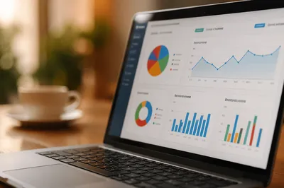 Laptop Analytics Dashboard on Wooden Desk