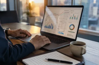 Laptop Analytics Dashboard in Modern Office