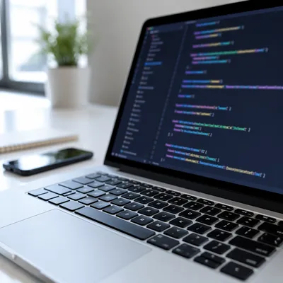 Developer Laptop With Code on Clean Desk