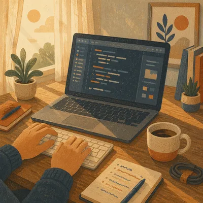 Warm Developer Desk with Laptop Code