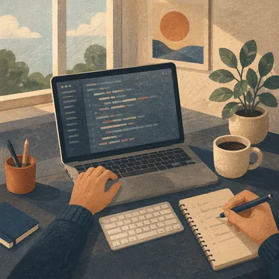 Calm Developer Desk with Laptop Code