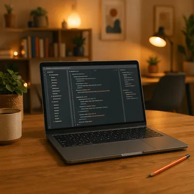 Laptop Coding Workspace on Warm Wooden Desk