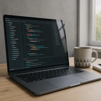 Laptop Coding Workspace with Coffee Mug