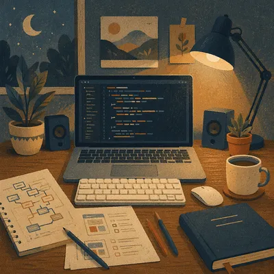 Warm Developer Desk With Coding Laptop
