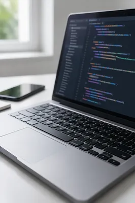 Laptop Coding Workspace on Modern Developer Desk