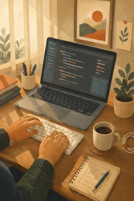 Focused Developer Workspace with Laptop and Coffee
