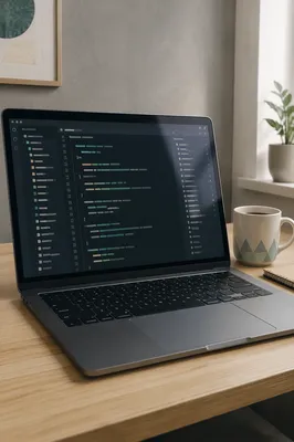 Developer Laptop with Code and Coffee