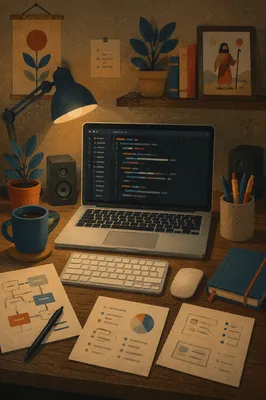 Warm Developer Desk With Laptop Code