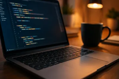 Developer Laptop With Glowing Code Desk