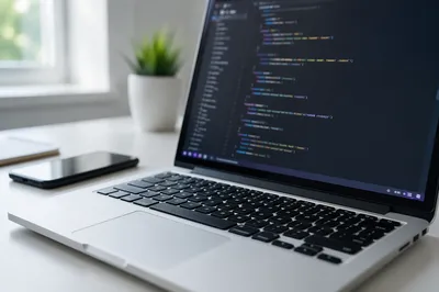 Modern Developer Desk with Laptop Code