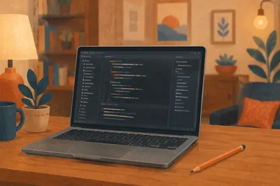 Laptop Coding Workspace on Warm Wooden Desk