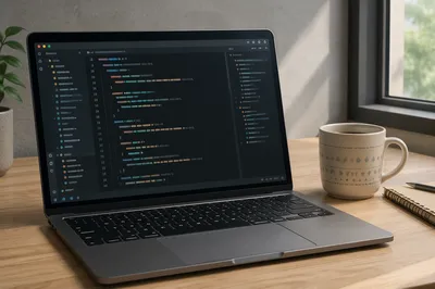 Laptop Coding Workspace with Coffee Mug