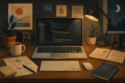 Warm Developer Desk With Laptop Code