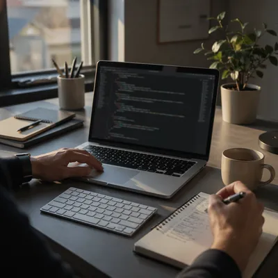 Focused Developer Workspace with Laptop and Code