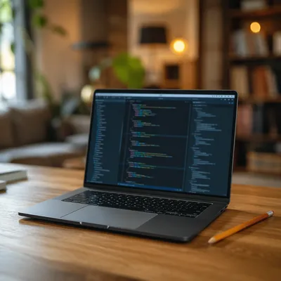 Laptop Coding Workspace on Warm Wooden Desk