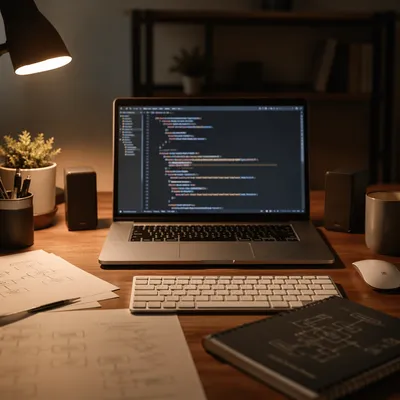 Late Evening Developer Desk With Laptop Code