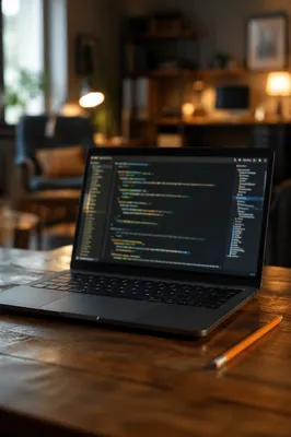 Laptop Coding Workspace on Warm Wooden Desk