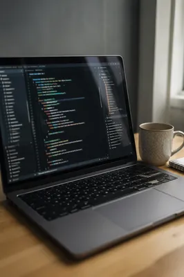 Laptop Coding Workspace with Coffee Mug